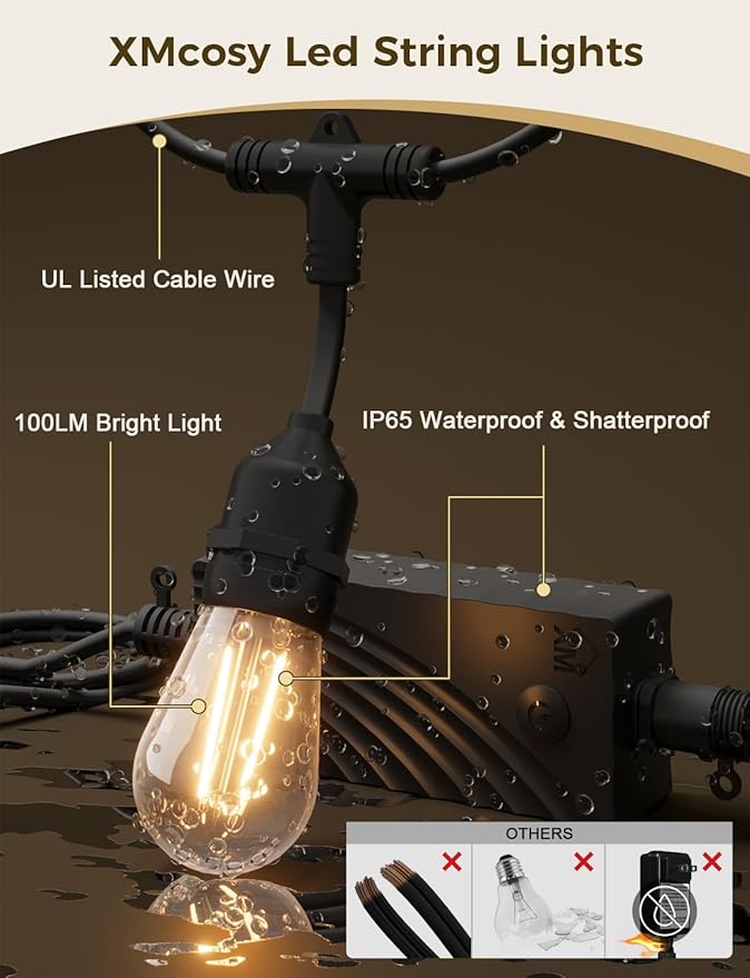 XMCOSY+ Smart Outdoor String Lights, 123Ft LED Patio Lights Waterproof IP65, App Control, Compatible with Alexa, Dimmable Edison Bulbs Outdoor Light for Yard Porch Bistro Outside
