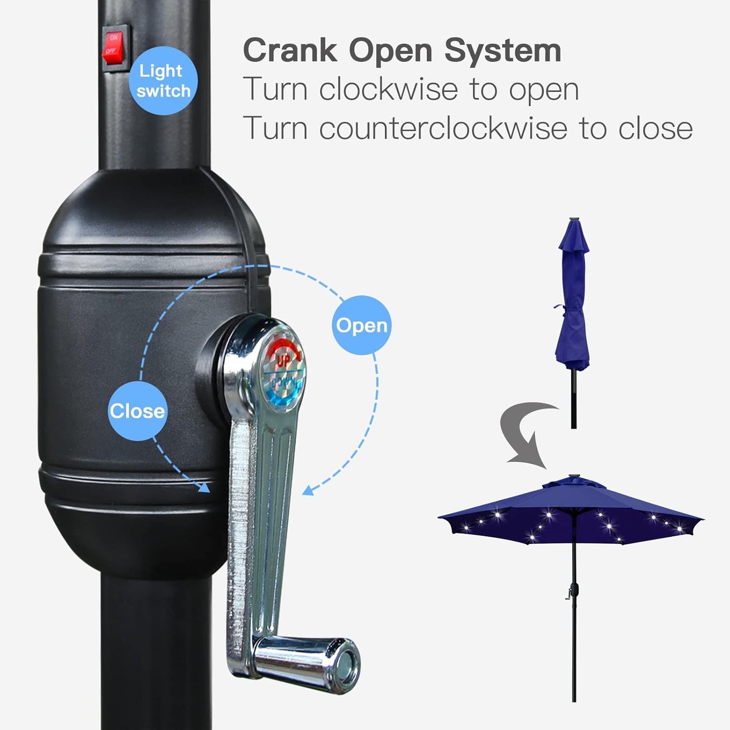 Sunnyglade 9' Solar LED Lighted Patio Umbrella with 8 Ribs/Tilt Adjustment and Crank Lift System (Navy Blue)