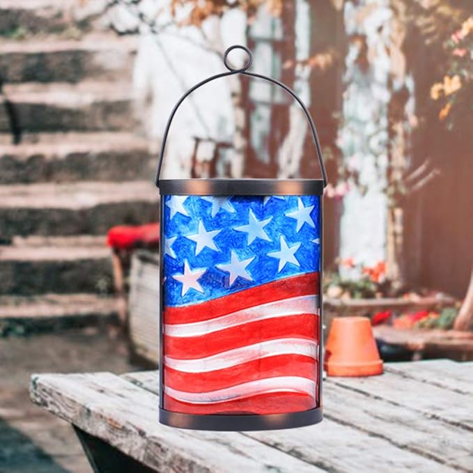 Hanging Solar Lantern Outdoor Decorative Waterproof LED Solar American Flag Lights Tabletop Lamp for Outdoor Patio Garden