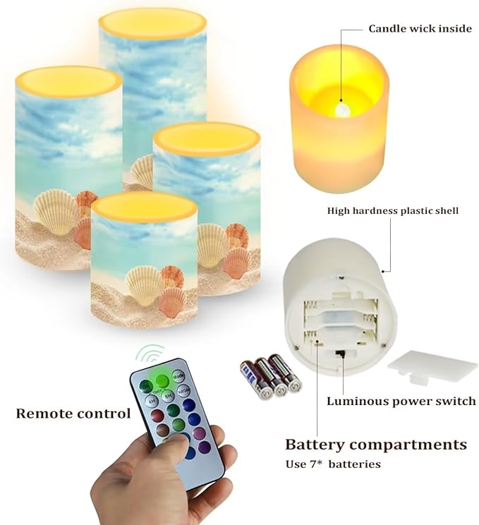 Flameless Candles Battery Powered LED Candle with Remote Timer Color Changing Control Set of 4 for Indoor Outdoor Beach Wedding Home Indoor Coastal Decor, Beach Seashell Blue