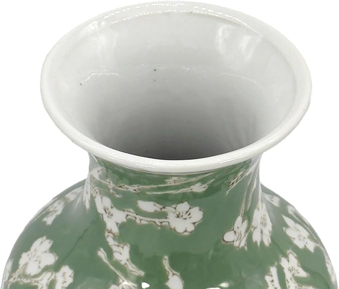 Galt International Floral Chinoiserie Ceramic Vase 14" - Green Sakura Hand Painted Antique Style Porcelain Flower Bottle Fishtail Porcelain Chinese Vase for Home Decor Centerpiece