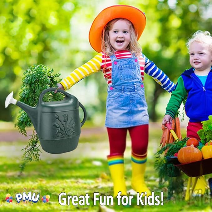 PMU 2 Gallon Watering Can - Garden Watering Can for Indoor & Outdoor Plants - Plastic Water Can with Detachable Sprinkler Head - Large Water Pot, Made in USA - Hunter Green Pkg/6