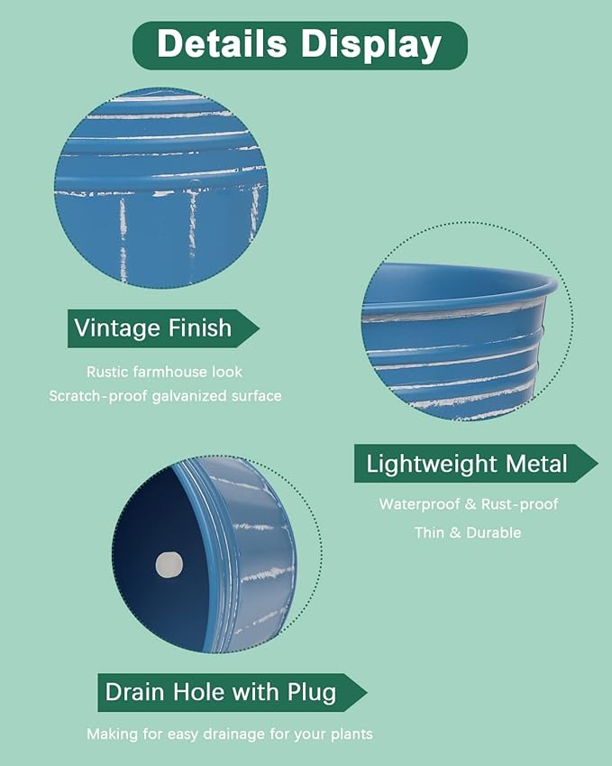 vensovo 6 Inch Steel Blue Metal Rustic Flower Pots - 6Pcs Galvanized Planters with Drainage Hole and Rubber Plug, Rustproof Metal Bucket Plant Pots Farmhouse Vintage Style for Decor