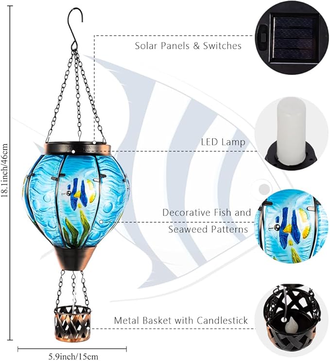 Blue Fish Hot Air Balloon Solar Lantern with Flickering Flame Light,Glass Hanging Solar Lanterns Outdoor Waterproof,Hot Air Balloon Decorative Lights for Patio Yard Porch Garden Gift for Women