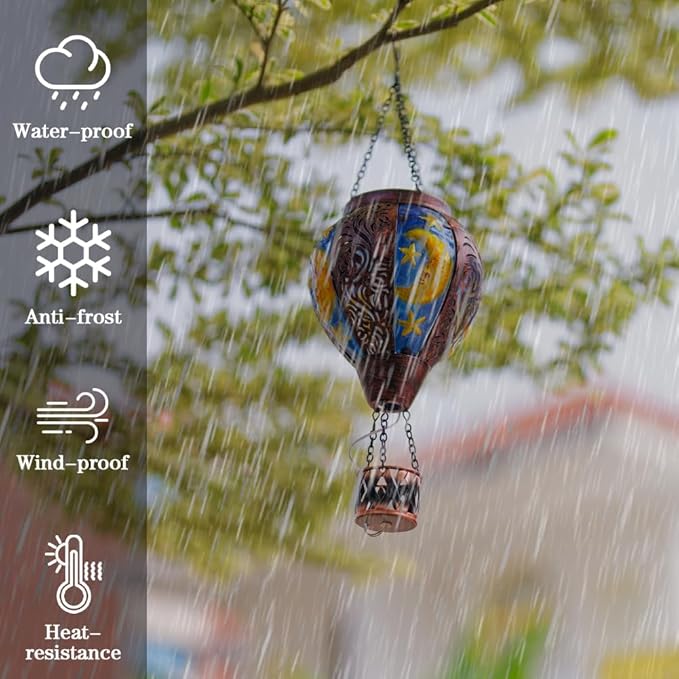 Solar Hot Air Balloon Lantern with Flame Flickering LED Metal Star Moon Hot Air Balloon Solar Lantern Outdoor Waterproof Hanging Outdoor Light for Garden,Yard,Porch Mother Day Gift for Women