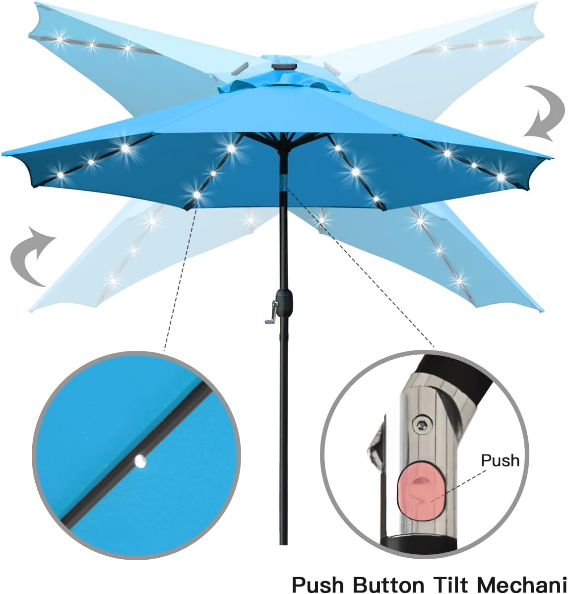 Sunnyglade 9' Solar LED Lighted Umbrella with 8 Ribs Adjustment and Crank Lift System for Patio(Blue)
