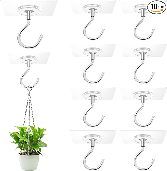 Adhesive Ceiling Hooks，10 Pack No Drill Ceiling Hanging Hook for Hanging Plants Lanterns,Wind Chimes Stainless Steel Outdoor Adhesive Hooks