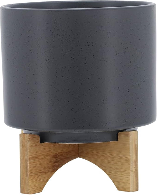Sagebook Home 8" Ceramic Planter, Matte Gray Planter, Indoor/Outdoor Planter on Wooden Stand - Use for Succulent Pot, Plants, Flowers and More