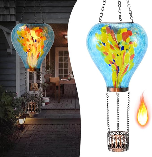 Hot Air Balloon Solar Lantern - Stained Glass Lantern with Simulated Flickering Flame, Outdoor Hanging Yard Light Waterproof IP65 & Weather Resistant for Garden Patio Lawn Porch Decor Gfit