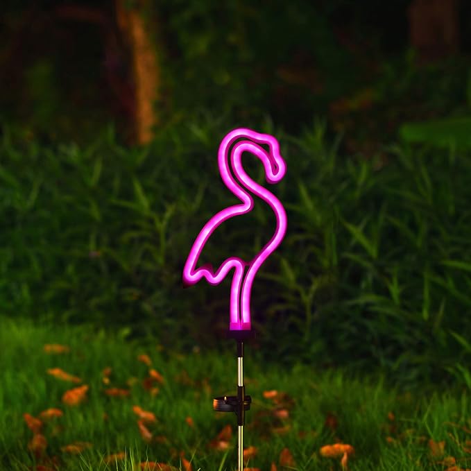 Flamingo Solar Garden Stake Lights, [Set of 2] Outdoor Solar Pathway Light for Lawn Patio Yard Walkway, Neon Pink Lighting (29.5" Height)
