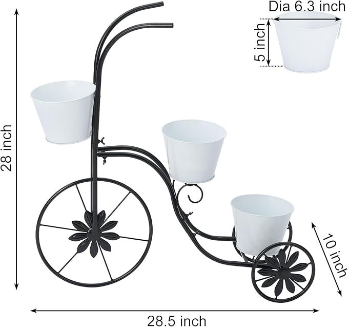 LEWIS&WAYNE Metal Tricycle Planter, 3 Tier Floral Flower Plant Stand Holder Hand Painted Outdoor Garden Patio Decor