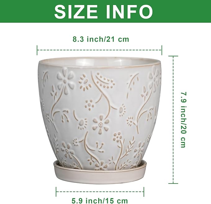 8 Inch Ceramic Pots for Plants Large Planter Pot with Drainage Hole and Saucer Round Flower Pot for Indoor Outdoor Decor, White