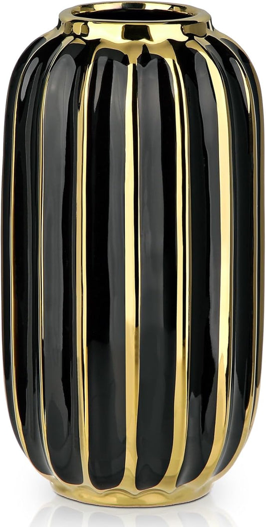 Briful Gold Plated Lantern Ceramic Vase Home Decor Creative Design Porcelain Decorative Flower Vase 8.66'' Black Ceramic Vases for Wedding Anniversary Decoration