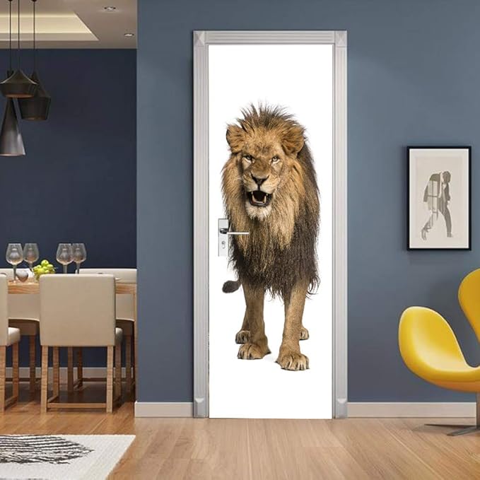 3D Lion Door Stickers - Peel & Stick - Waterproof & Washable - Matt Finish - Realistic Style - Brown - 34.6 x 78.7 Inch (2 Pieces)