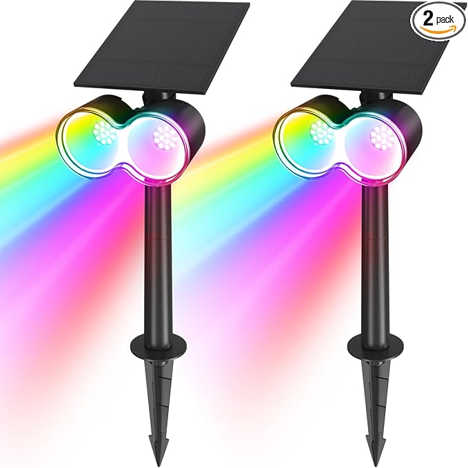 Barrina Solar Spot Lights Outdoor, 360° Horizontal Adjustable, 24 LEDs RGB Color Changing Solar Spotlight, IP65 Waterproof, Auto On/Off Solar Powered Landscape Lights for Outside Garden Yard, 2 Pack