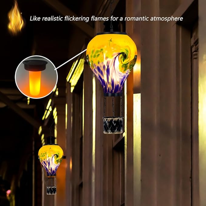 Tie-Dye Style Solar Hot Air Balloon Lantern with Flame, Glass Hot Air Balloon Solar Lantern Waterproof Outdoor Lanterns Decorative Lamp for Patio, Garden, Porch