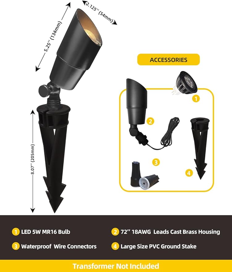 COLOER Brass Low Voltage Landscape Spotlight(Black) 6-Pack with 5W Aluminum Housing MR16 LED Bulb 2700K 450LM CRI85+,12V AC/DC Outdoor Uplighting, Directional Garden Patio Spot Up Light(101B-Black)