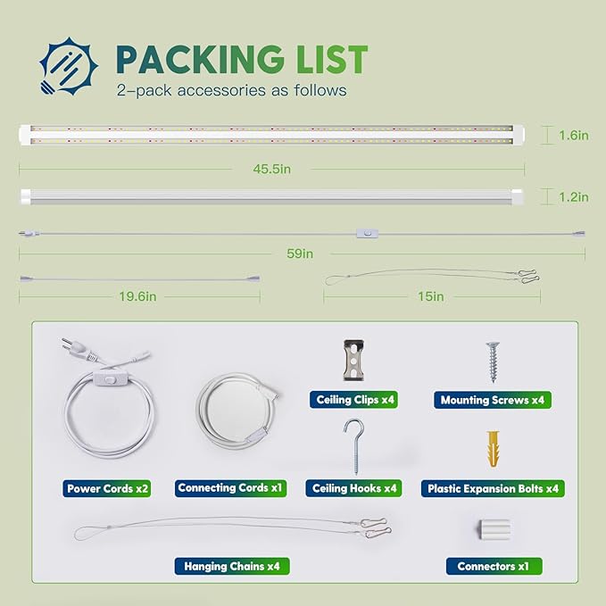 FREELICHT 2 Pack 4FT LED Grow Light, 40W (250W Equivalent), Full Spectrum Sunlight Growing Lamp Fixture, Linkable Hanging Plant Light for Hydroponic Indoor Plants Seeding, Plug-in with On/Off Switch