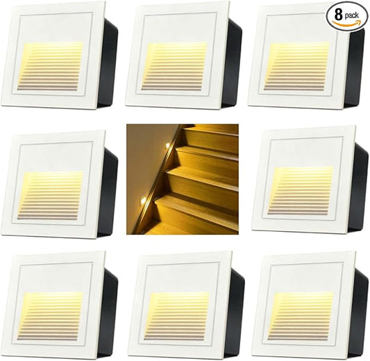 8Pack 3W LED Step Light, Warm White 3000K IP65 Waterproof Recessed Wall Light, Staircase Light Lighting lamp, Inside Outside Garden Balcony Corridor, Aluminum, 120V,White