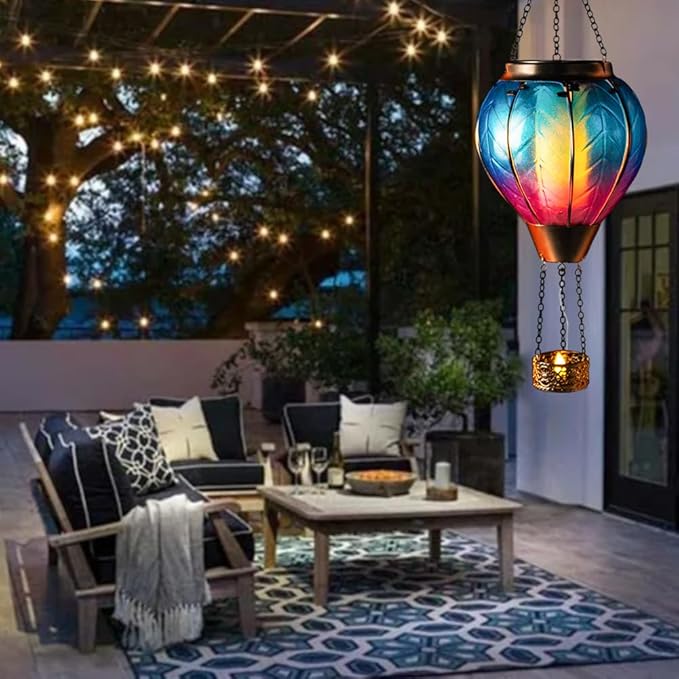 Starsoul 2 PC Blue Hot Air Balloon Solar Lantern with Flame Glass Hanging Outdoor Hot Air Balloon Solar Light Waterproof Garden Patio Yard Party Decorations