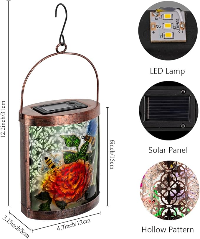 Starsoul 2 Pack Hanging Solar Lantern Outdoor Waterproof Glass Bee and Flowers Decorative Solar Lights for Outside Garden Yard Table Patio Decor
