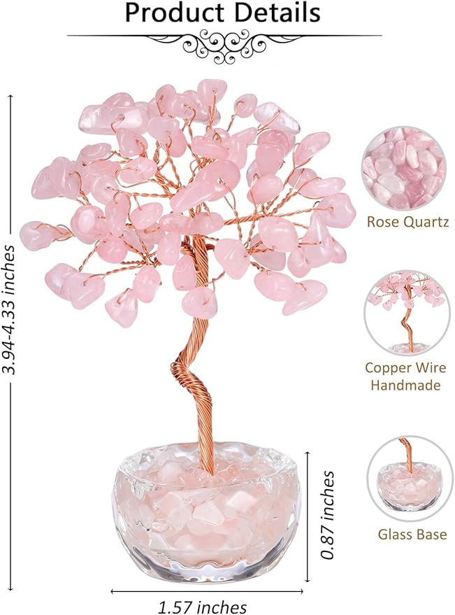 Jovivi Small Rose Quartz Crystal Tree, Natural Crystal Healing Stones Tree Glass Bowl Base Gemstone Money Trees Feng Shui Good Luck Home Desk Decor