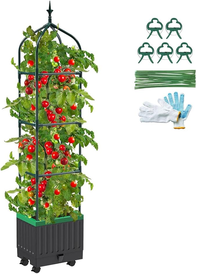 Raised Garden Bed Planter Boxes with Trellis,1pcs 70.9"Self-Watering Tomato Planter Boxes with Trellis for Climbing Vegetables Plants Flowers Tomato with Wheels,Use for Indoor Outdoor (Black)