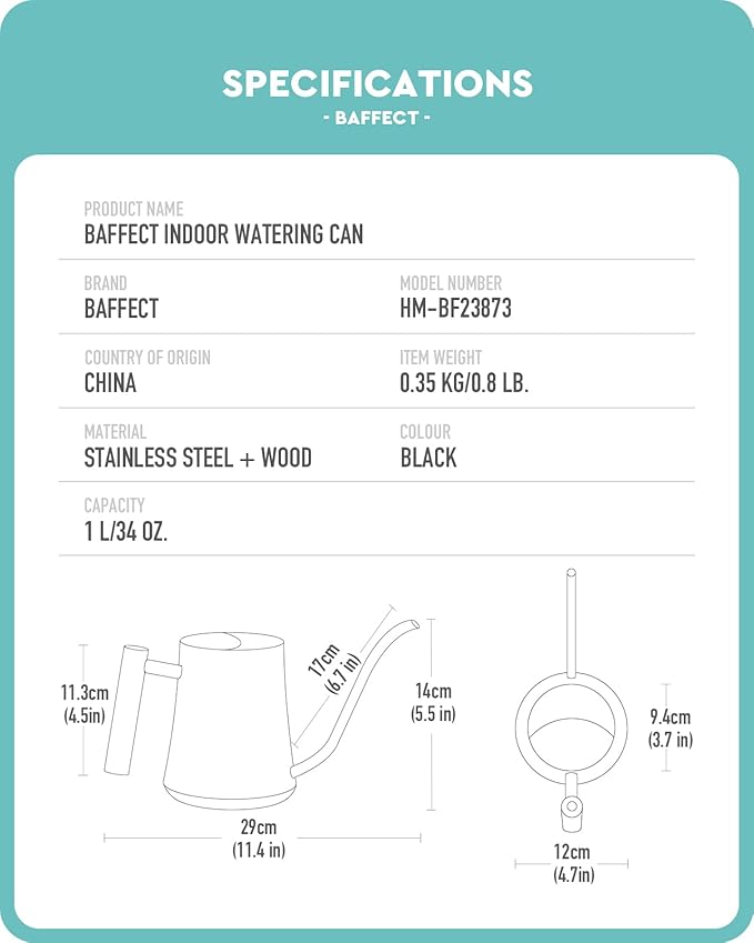 Baffect Indoor Watering Can, 1L/34OZ Metal Houseplant Watering Can with Wooden Handle, Curved Design Watering Can with Long Spout for Small Potted Plants (Black)