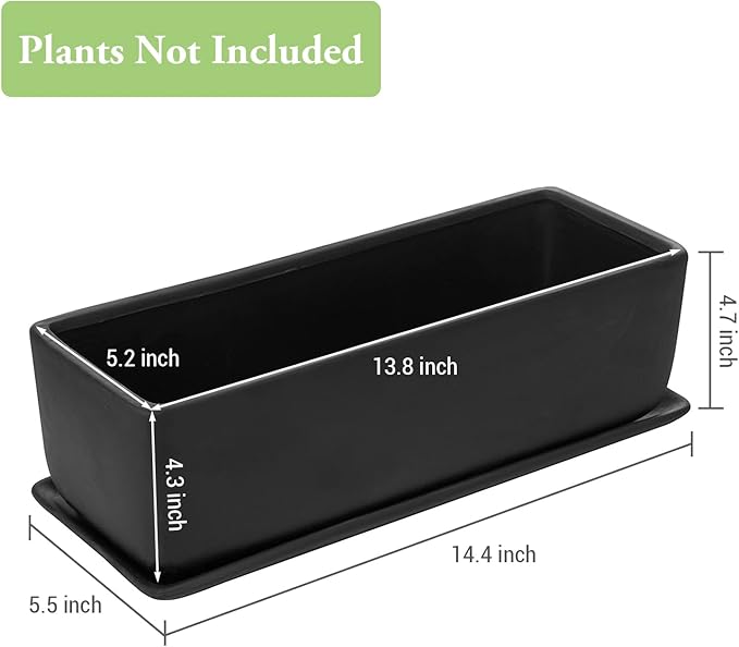 MyGift Matte Black Ceramic Indoor Plant Pot Succulent Planter, Decorative Flower Planter with Drainage Hole and Removable Tray (14 inch - 2 Pack)