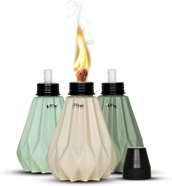 Deco Window Pack of 3 Table Torch for Indoor Outdoor Citronella Oil Tabletop Ceramic Lamp Landscape Multicolored Lantern with Fiberglass Wick & Cap for Garden Patio Yard Party Decor Light