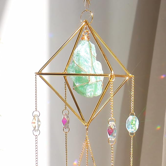 Green Fluorite Crystal Suncatcher Window Hanging Pendant Glass Prisms Decor Wind Chime Rainbow Sun Catcher for Home Garden Porch
