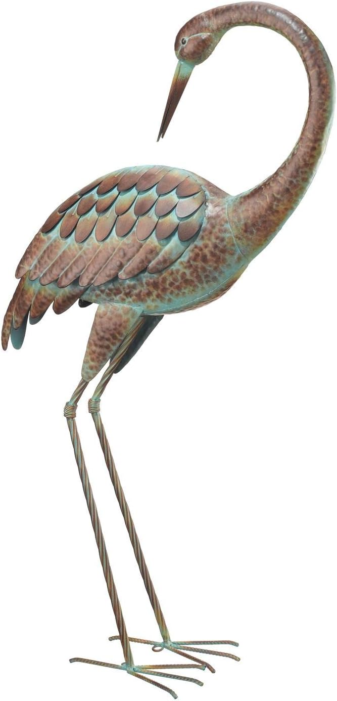 Regal Art & Gift Outdoor Garden Décor, Unique Bird Sculpture, Rustic Metal Bird Statues, Garden Ornaments, Bird Figurine for Lawn, Decorative Sculpture, Crane, Bronze/Green, Back Preening, 38"height
