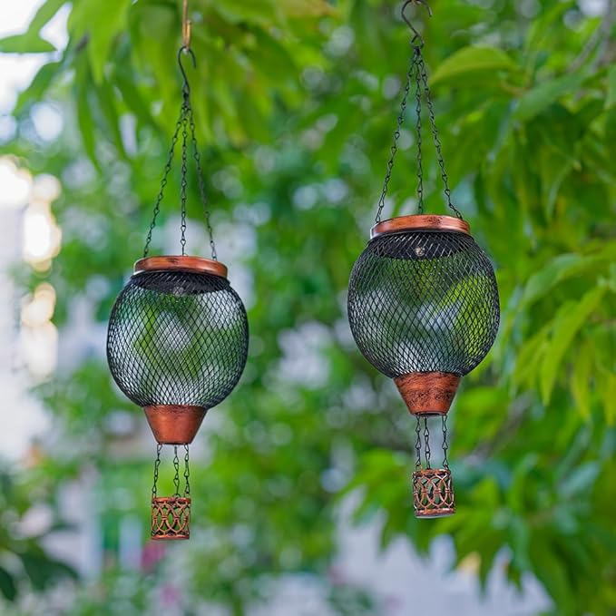 Starsoul 2 PC Cage Hot Air Balloon Solar Lantern with Flame Glass Outdoor Hanging Hot Air Balloon Solar Light Lamp Waterproof Garden Patio Yard Party Decorations