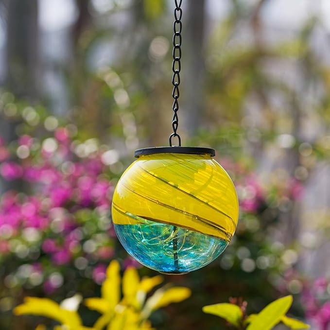 Hanging Solar Lanterns Outdoor Waterproof, Gazing Ball Globe Solar Lantern, Hanging Glass Lantern for Garden Yard Tree Outdoor Decoration