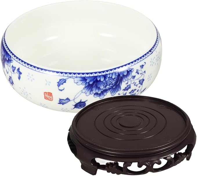 Ceramic Chinese Pot White Water Lily Bowl Ceramic Plant Pot Hydroponic for Garden Home Office-8Inch