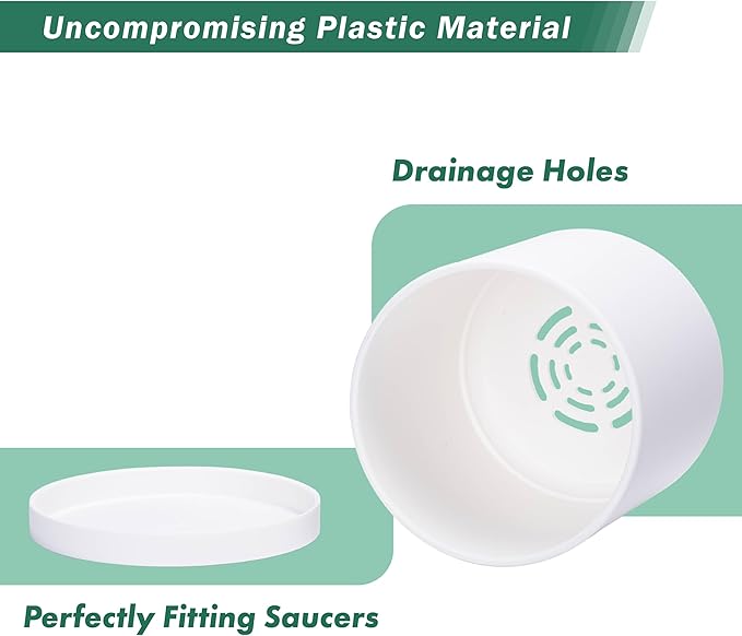 D'vine Dev 2 Pack 5 Inch Modern Plastic Plant Pots, Small Garden Planters for Plant with Drainage Holes and Saucers, White Color, 74-Z-G-1