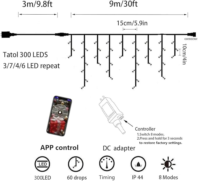 YASENN Bluetooth APP Icicle Lights LED Christmas String Light Icicle Style 300 LED 30ft Fairy Lights 60 Drops Icicle Lights for Indoor Outdoor Decorations(Warm White)