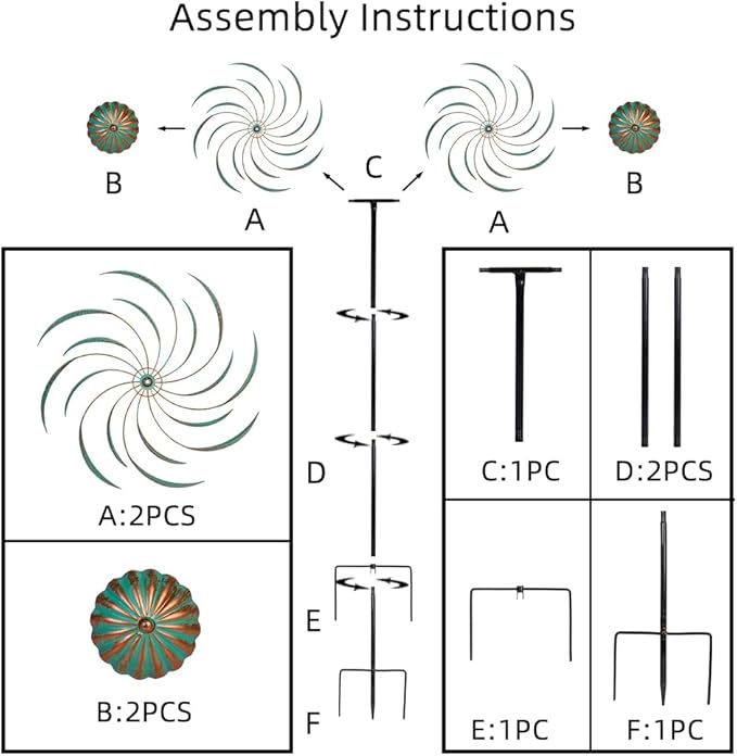 VEWOGARDEN Large Wind Spinners for Yard and Garden, Waterproof Metal Doubles Wind Spinners Outdoor Decor, Wind Sculptures & Spinners with Stakes (23" W * 80" H)