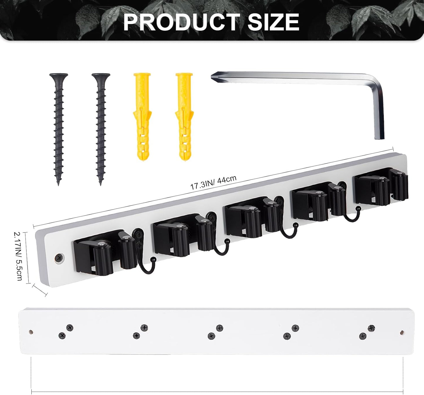 Broom Holder Wall Mount With 5 Slots & 4 Hooks，Rustic Wood Broom & Mop Hanger，Wall Mounted Garden & Garage Tool Storage Organizer Rack for Closet Laundry Room or Kitchen Wall Decor White