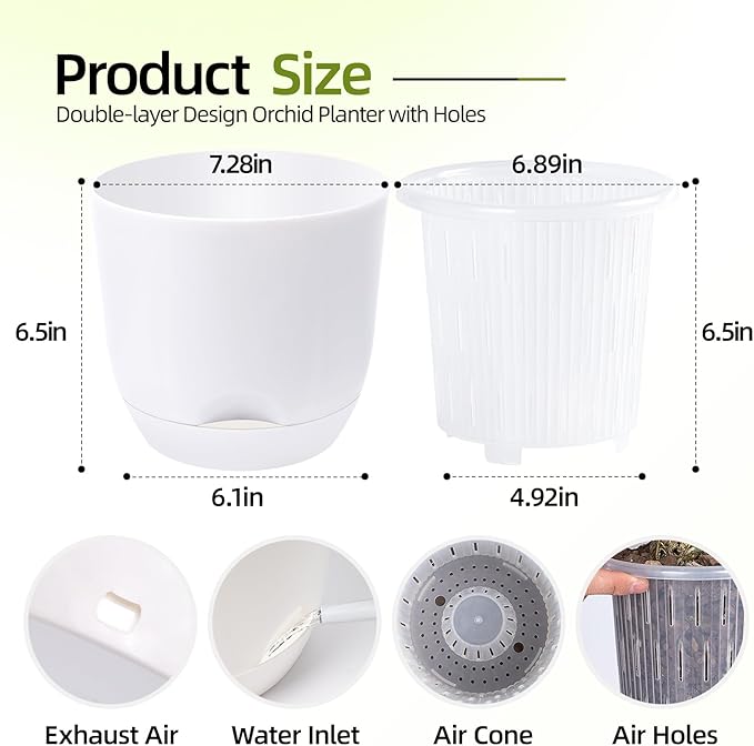 QCQHDU 2 Pack Orchid Pots with Holes for Repotting, Double-Layer and Self Watering Orchid Pot with Good Air Circulation