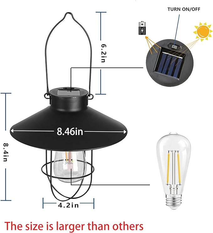 pearlstar Solar Lantern Outdoor Hanging Light Metal Solar Lamp with Warm White Edison Bulb Design for Garden Yard Patio Proch Decor(Black)
