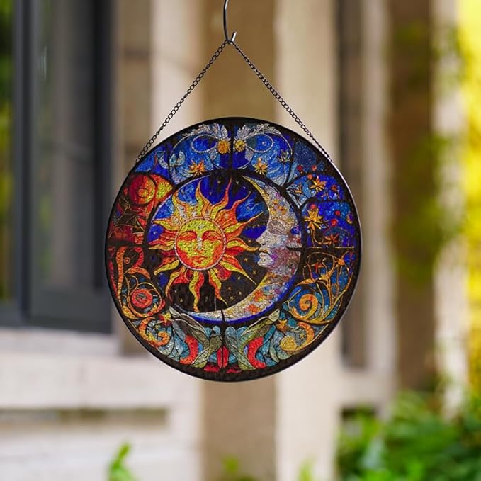 Stained Glass Suncatcher,Sun and Moon Artistic Window Hanging,7.8” Hand-Painted Glass Panel Wall Home Decor,Gift for Women Garden Decor Suncatcher (Sun and Moon), BL009