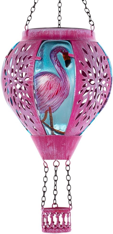 Starsoul Pink Hot Air Balloon Solar Lantern Flamingo Metal & Glass Solar Hot Air Balloon Hanging Garden Light Waterproof Outdoor Lantern for Patio Yard Party Decor