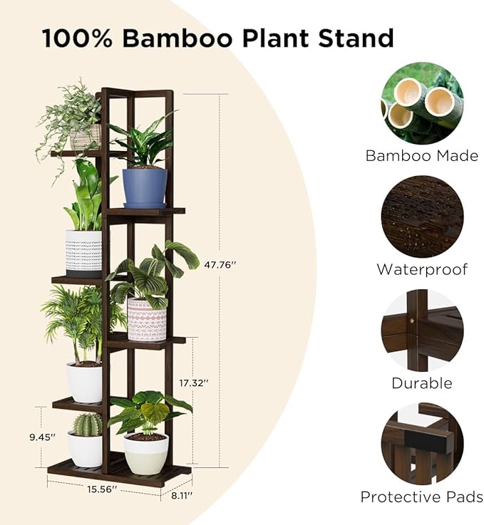 Tall Plant Stand, Bamboo Plant Stand Indoor & Outdoor 6 Tier 7 Potted Plant Shelf Rack for Multiple Plants & Flower Pot, Corner Planter Stand Holder Display for Living Room Office Balcony Garden