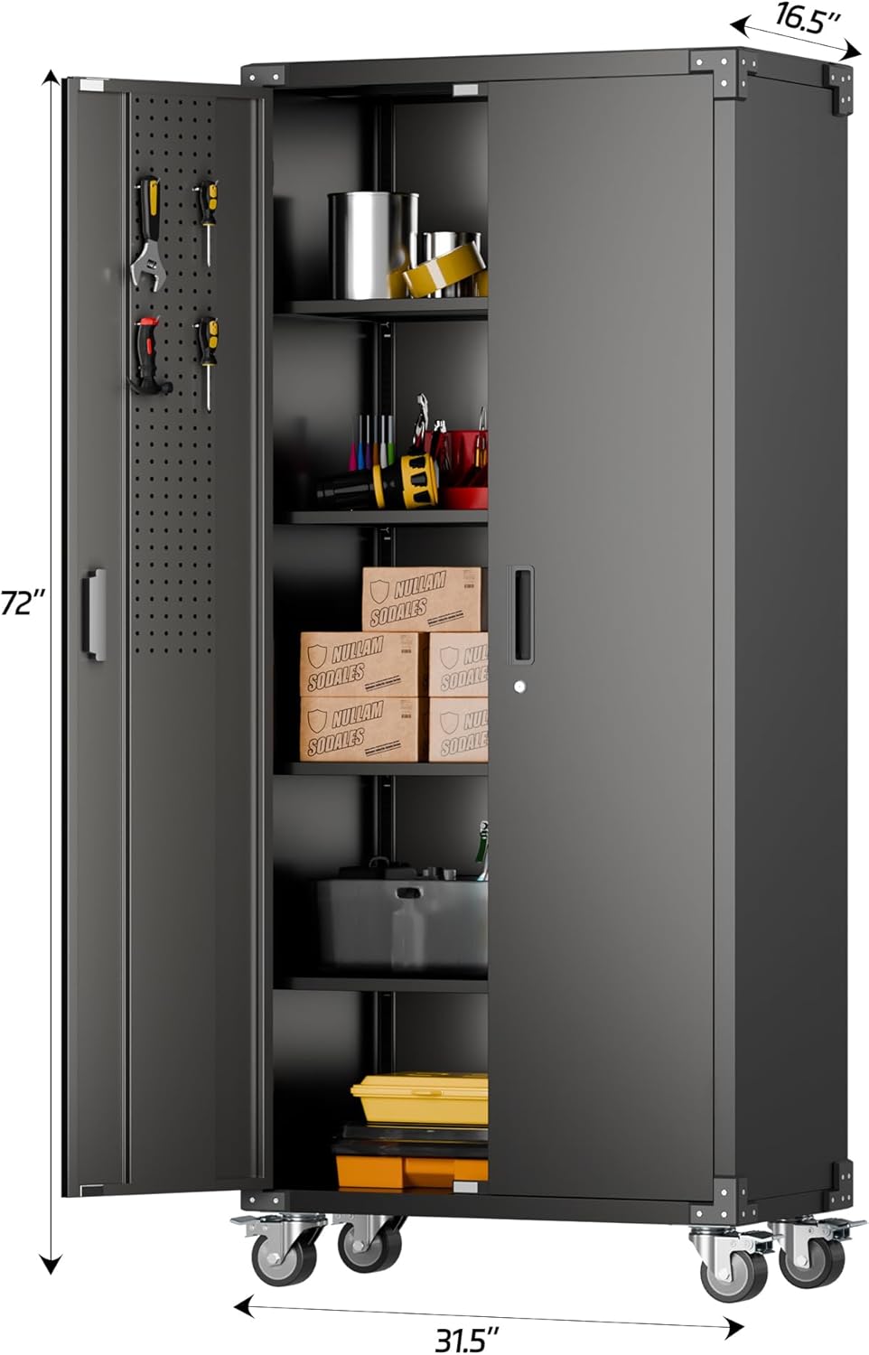Metal Garage Storage Cabinet with Wheels & Pegboard,72In Lockable Steel Storage Cabinets with 2 Doors&4 Adjustable Shelves for Garage&Home,Assembly Required,Black