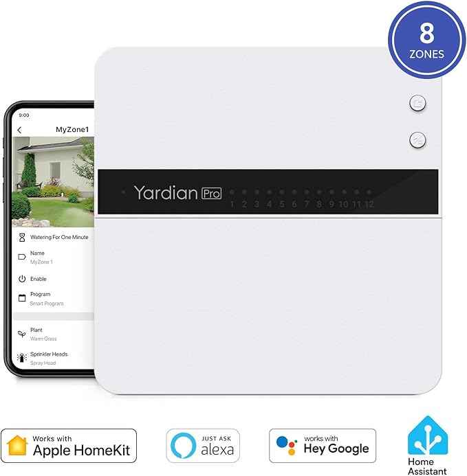 Yardian Pro Smart Sprinkler Controller 8 Zone - Control Buttons, Apple HomeKit, Alexa, Google Assistant and Home Assistant Compatible, Enhanced Wi-Fi, RJ45, Level VI Worldwide Power Supply