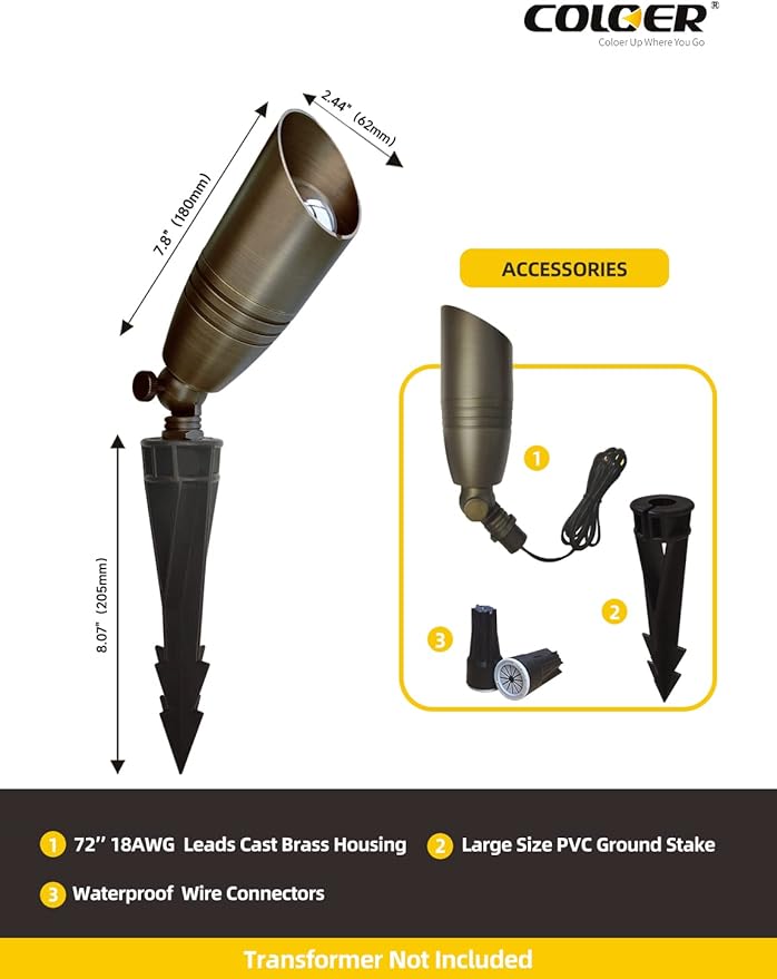 COLOER Die-cast Brass Landscape Spotlights Outdoor, 12V AC/DC Low Voltage Lighting, IP65 Waterproof Outdoor Directional Garden Patio Trees Spot Uplight (102B,10-Pack Without Bulb)