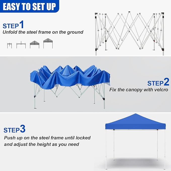 10x10ft Pop Up Canopy Tent,Heavy Duty Waterproof Folding Tent for Camping Parties Events Parties,Outdoor Canopy,Portable Sun Shelter,3 Adjustable Height(Blue)
