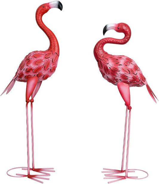 2Pcs Metal Flamingo Statues, Hot Pink Flamingo Outdoor Decor for Garden Home Patio Lawn Backyard Ornaments