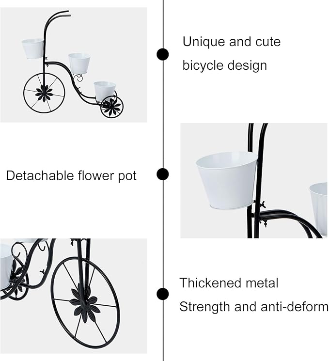 LEWIS&WAYNE Metal Tricycle Planter, 3 Tier Floral Flower Plant Stand Holder Hand Painted Outdoor Garden Patio Decor